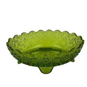 Vintage Green Glass Bowl Footed Candy Dish Scalloped Edge Daisy & Button‎